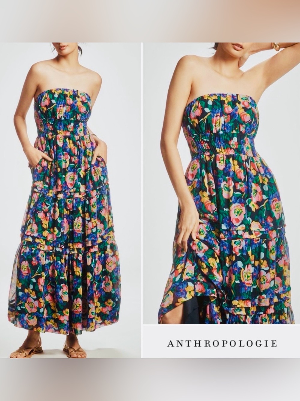 NWT Anthropologie Somerset strapless maxi multicolor floral dress , size XS